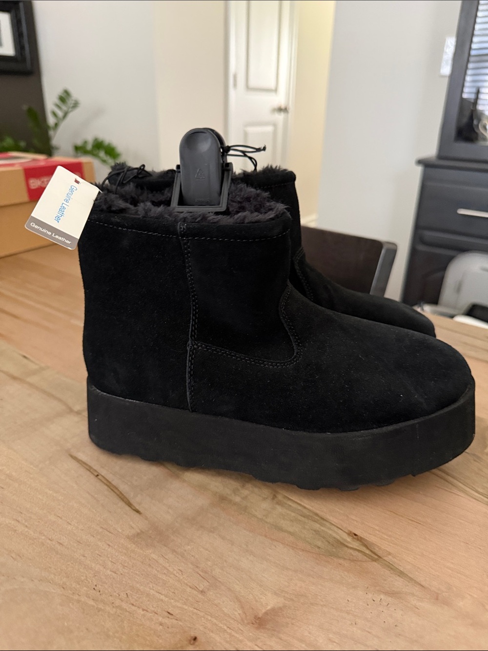Time and Tru Black Suede Faux-Fur Platform Ankle Boots